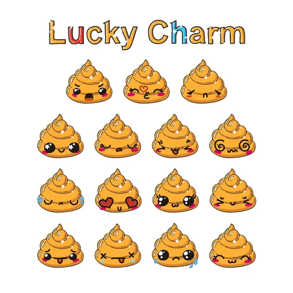 Kawaii golden poop emoticons set. Japanischer Reichtum-Talisman. — Stockvektor