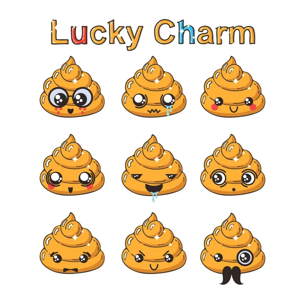 Kawaii golden poop emoticons set. Japanese wealth talisman. — Stock Vector