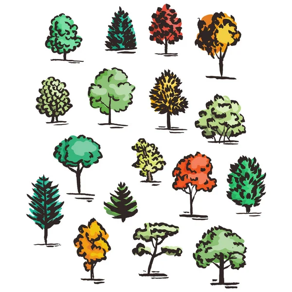 Ensemble d'arbres colorés dessinés à la main. Style encre . — Image vectorielle