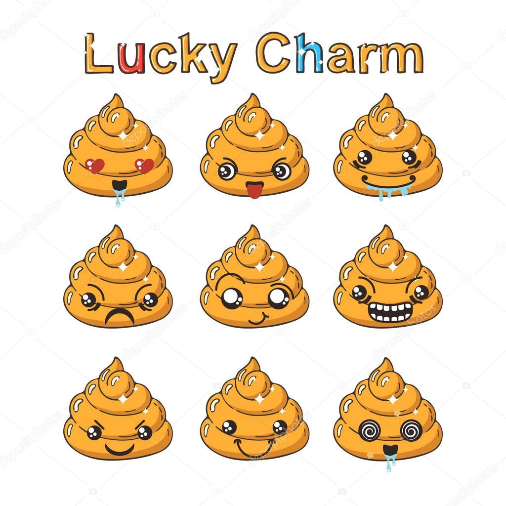 Kawaii golden poop emoticons set. Japanese wealth talisman.