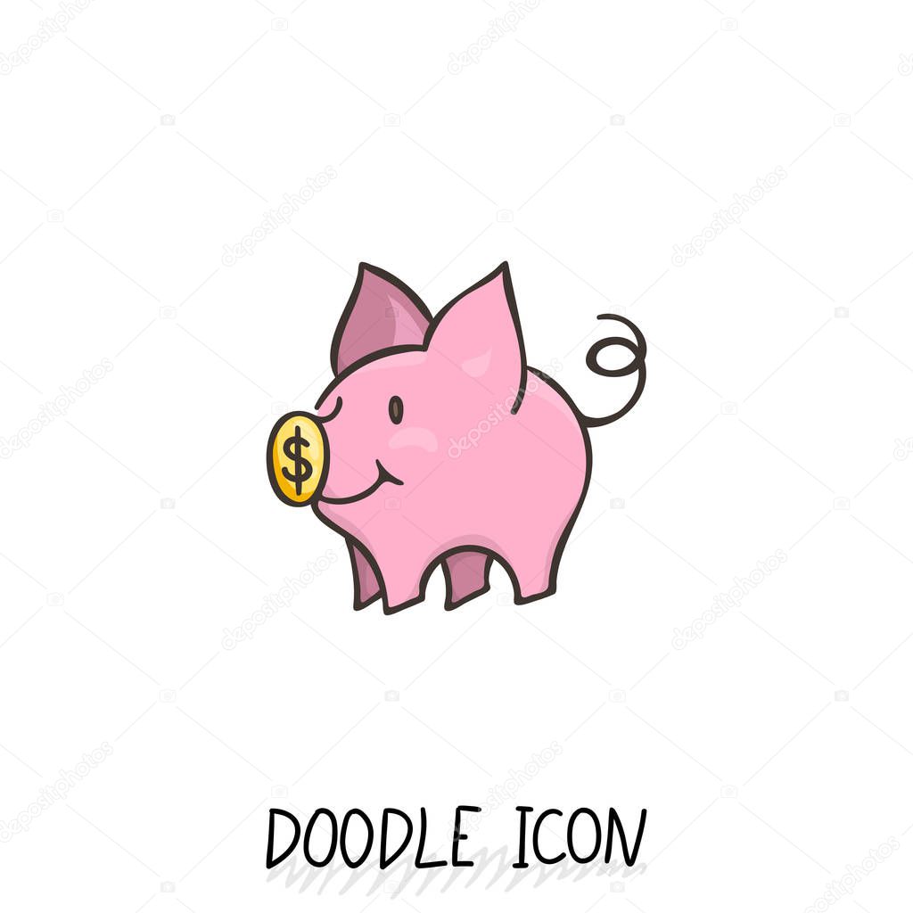 Vector icon with doodle piggy bank. 