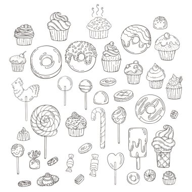 Şeker ve kek simgeler kümesi. Kek, şekerleme, lolipop, yay.