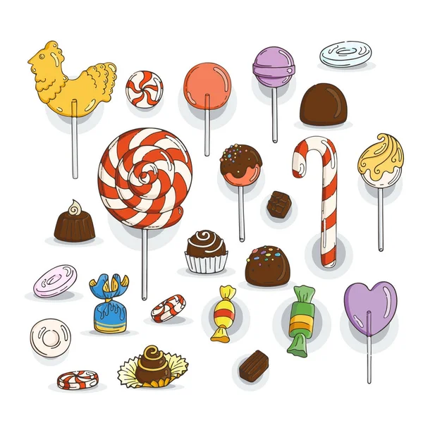 Un set di icone di caramelle. Glassa, caramello, caramelle, lecca-lecca, cioccolatini, tartufi . — Vettoriale Stock