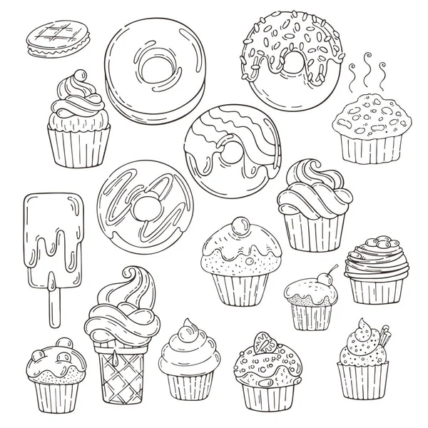 Set van snoep en Muffins pictogrammen. Gebak, snoep, lollies, bogen. — Stockvector