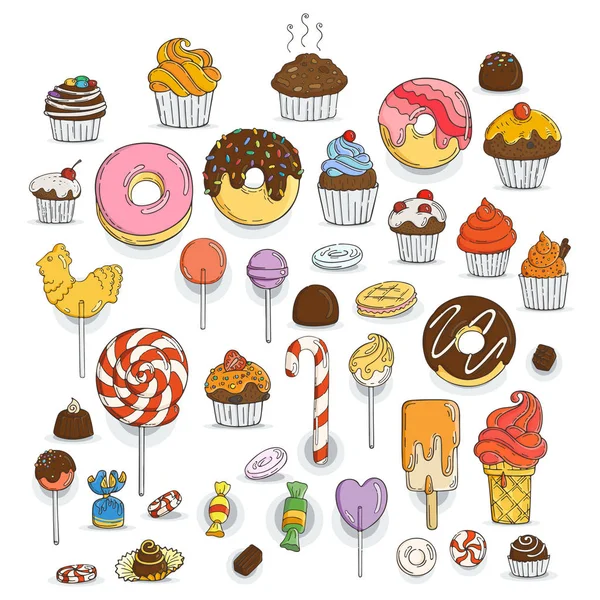 Set van snoep en Muffins pictogrammen. Gebak, snoep, lollies, bogen. — Stockvector