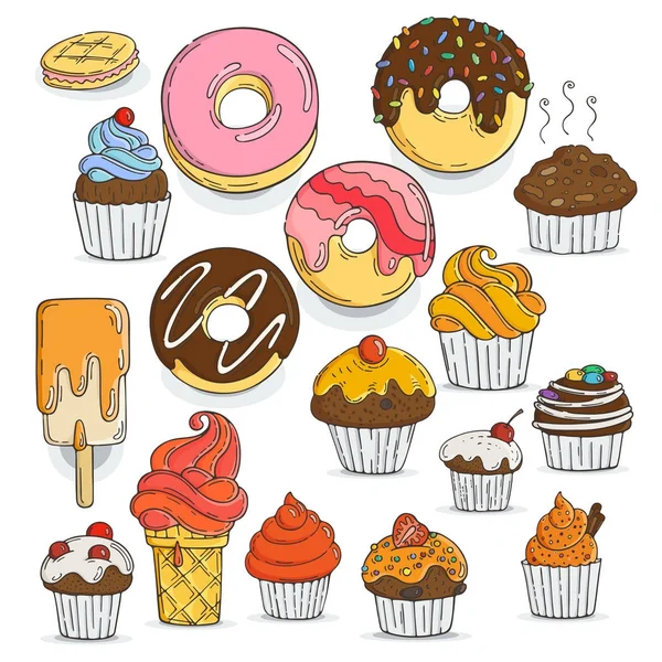 Candy és Muffin ikonok gyűjteménye. Sütemények, cukorkák, nyalókák, íjak. — Stock Vector