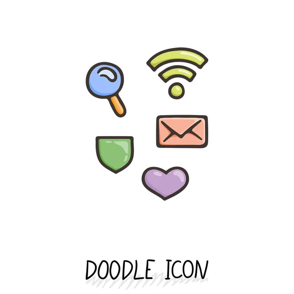 Doodle sosyal simgeler kümesi. Arama, wifi, koruma, aşk, posta. — Stok Vektör