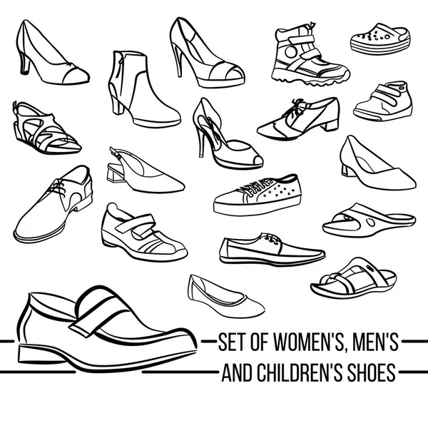 Set vectorial mujer, hombre y niño s zapatos líneas pintadas — Vector de stock