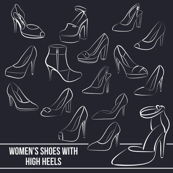 Set de zapatos de mujer con tacón alto, líneas pintadas — Vector de stock