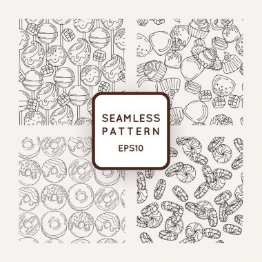 Vektör şeker, yay ve Donuts sorunsuz desenleri kümesi. Tatlı parti doku.