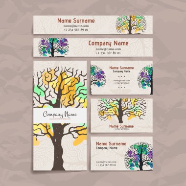 Vektör tasarım şablonları kümesi. Kartvizit ağaç el ile stil çizin. Hippi tarzı.