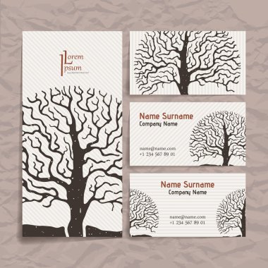 Vektör tasarım şablonları kümesi. Kartvizit ağaç el ile stil çizin. Hippi tarzı.