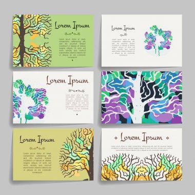 Vektör tasarım şablonları kümesi. Kartvizit ağaç el ile stil çizin. Hippi tarzı.