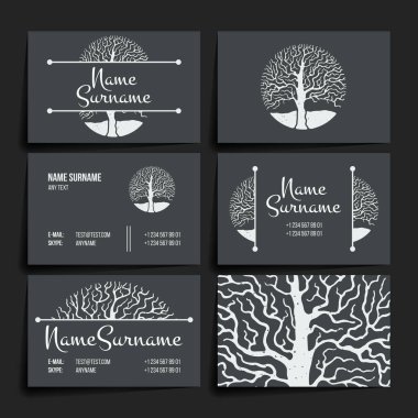 Vektör tasarım şablonları kümesi. Kartvizit ağaç el ile stil çizin. Hippi tarzı.