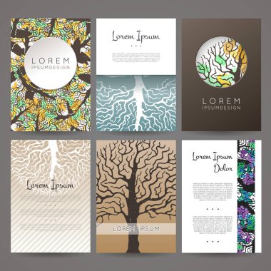 Vektör tasarım şablonları kümesi. Kartvizit ağaç el ile stil çizin. Hippi tarzı.