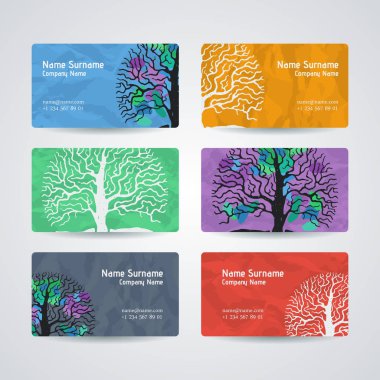 Vektör tasarım şablonları kümesi. Kartvizit ağaç el ile stil çizin. Hippi tarzı.