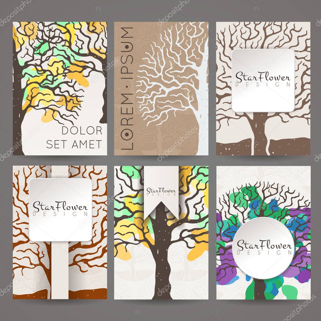 Set of vector design templates. Business card with tree in hand draw style. Hipster style.