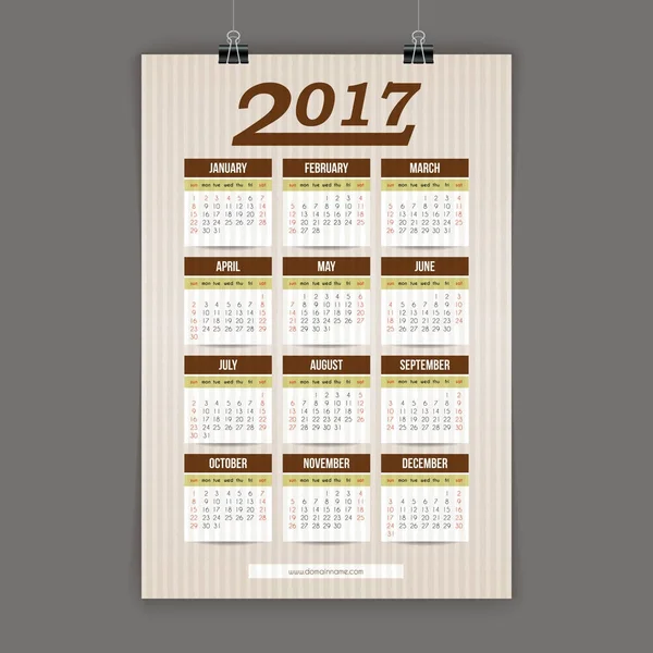 Conception pour le calendrier 2017. Système anglais ou américain. Début dimanche . — Image vectorielle