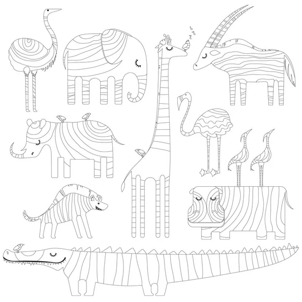 Algunos animales africanos en la época de los sueños. Imagen para colorear o zentangling . — Vector de stock