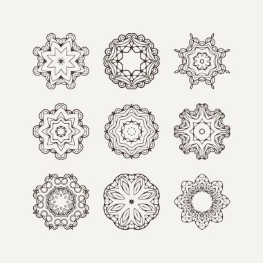 Süslü vektör mandala simgeler kümesi. Mehndi dantel dövme. Oryantal örgü. 