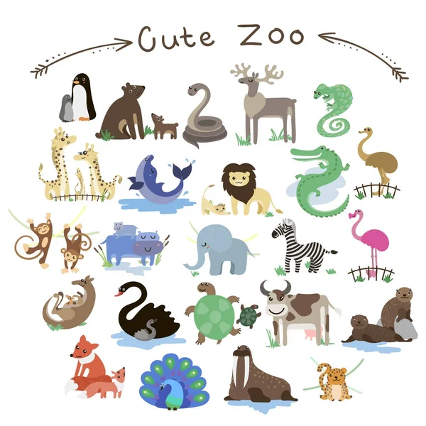 Set di simpatici animali dello zoo vettoriale. Un sacco di animali diversi . — Vettoriale Stock