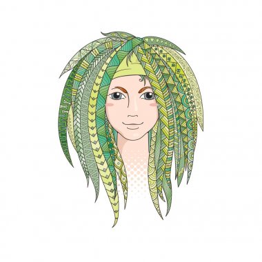 Desenli zentangle dreadlocks ile renkli genç kız. Süslü saç modeli.