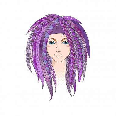 Desenli zentangle dreadlocks ile renkli genç kız. Süslü saç modeli.