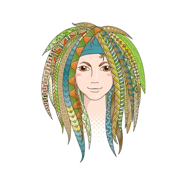 Colorful young girl with patterned zentangle dreadlocks. Ornate hairstyle. Royalty Free Stock Illustrations