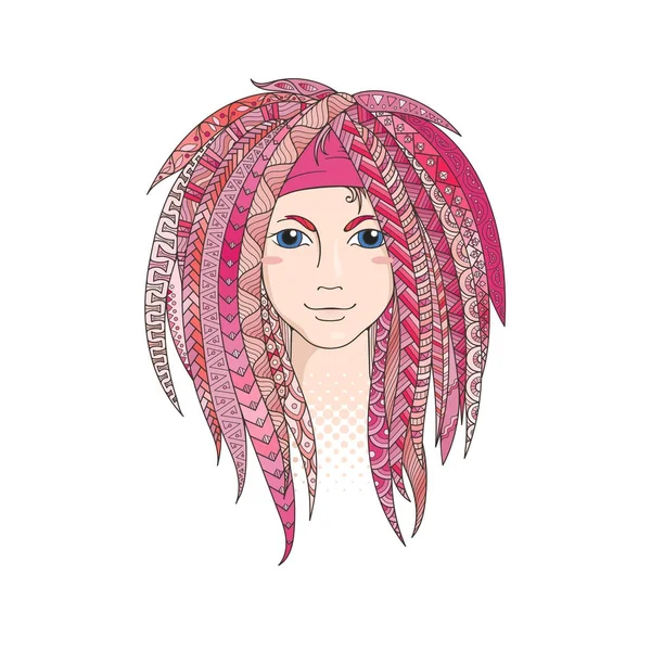 Colorful young girl with patterned zentangle dreadlocks. Ornate hairstyle. Stock Illustration