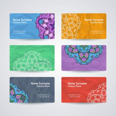 Vektör tasarım şablonları kümesi. Çiçek daire süsleme ile kartvizit. Mandala stili.