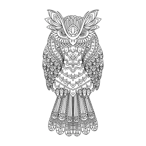 Vector zentangle owl illustration. Ornate patterned bird. Picture for coloring. — Stock Vector