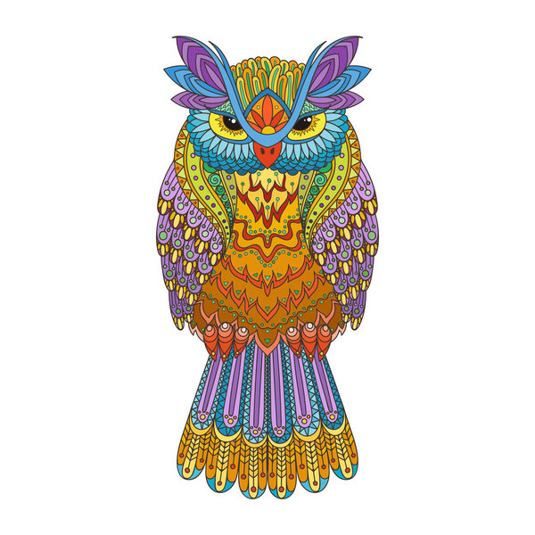 Vector zentangle owl illustration. Ornate patterned bird. Picture for coloring. 