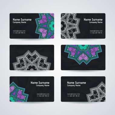 Vektör tasarım şablonları kümesi. Çiçek daire süsleme ile kartvizit. Mandala stili.