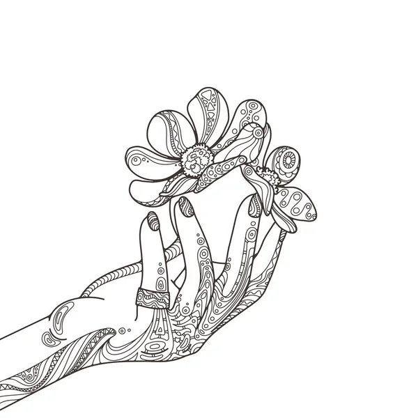 Schoonheid zentangle vrouw hand met nagels, bal, ring en sierlijke bloemen. — Stockvector