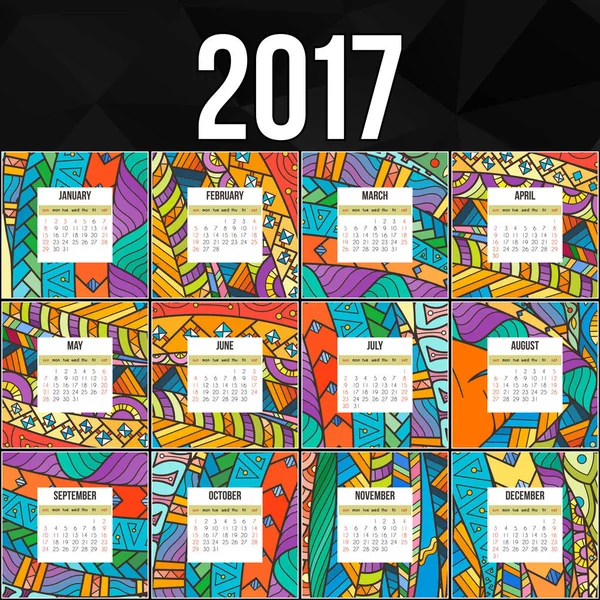 Calendrier coloré Zentangle 2017 peint à la main dans le style de motifs floraux et gribouillis . — Image vectorielle
