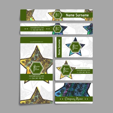 Vektör tasarım şablonları kümesi. Yıldız öğesi ile iş kartı. Hippi tarzı.