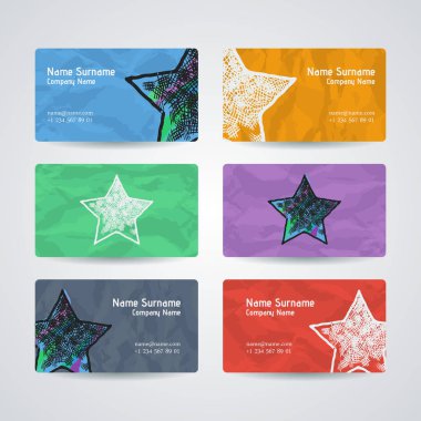 Vektör tasarım şablonları kümesi. Yıldız öğesi ile iş kartı. Hippi tarzı.