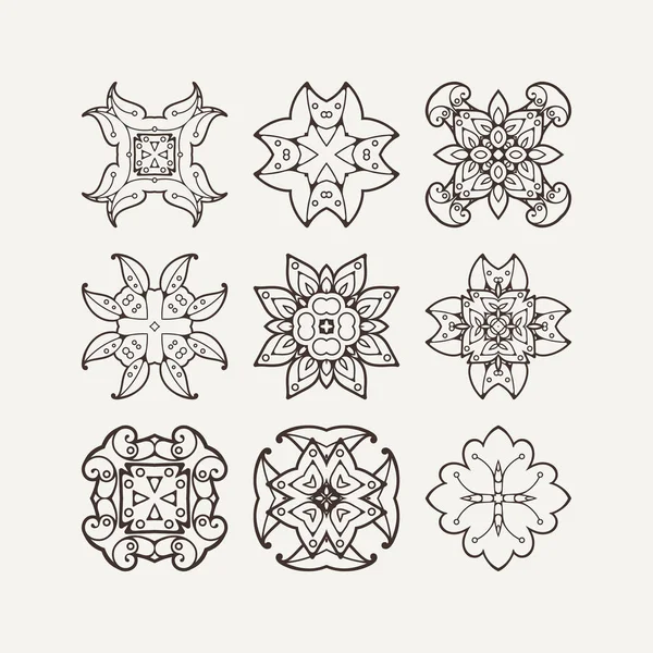 Ensemble de symboles mandala vectoriels ornés. Tatouage de dentelle Mehndi. Tissage oriental . — Image vectorielle