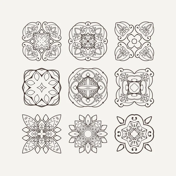 Zestaw ozdobny wektor mandala symboli. Mehndi koronki tatuaż. Orientalne splot. — Wektor stockowy