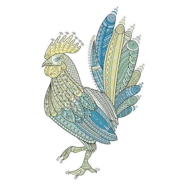 रंगीन पृष्ठों, ज़ेंटागल इलस्ट्रेशन या उच्च विवरण के साथ टैटू के लिए मुर्गा घरेलू किसान पक्षी . — स्टॉक वेक्टर
