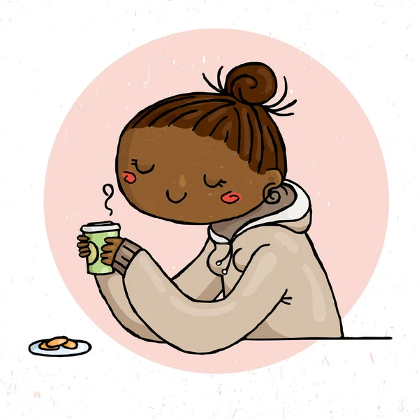 Aranyos doodle lány csésze tea és a cookie-k. — Stock Vector