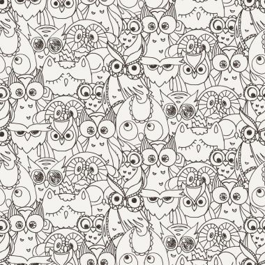 Tüylü Doodle baykuşlar ile Seamless Modeli.