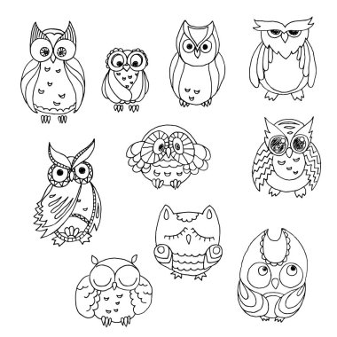 Doodle baykuşlar küme. Vektör kuş koleksiyonu.