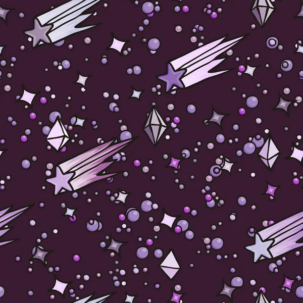 Dessinés à la main gribouillis dessin animé motif sans couture avec des comètes et des cristaux . — Image vectorielle