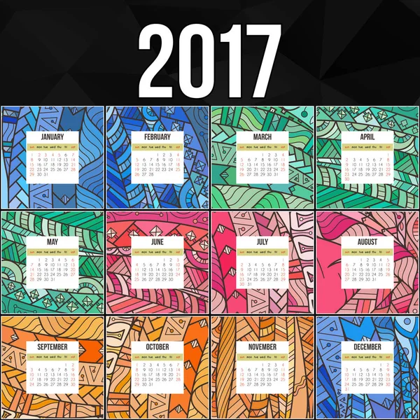 Zentangle colorido calendario 2017 pintado a mano en el estilo de los patrones florales y garabatos . — Vector de stock