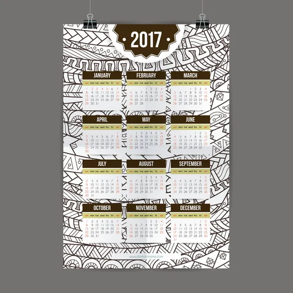 Zentangle colorido calendario 2017 pintado a mano en el estilo de los patrones florales y garabatos . — Vector de stock