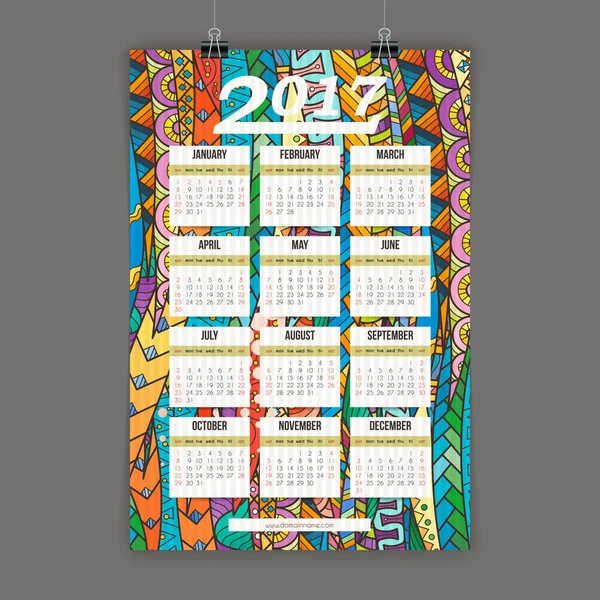 Zentangle colorido calendario 2017 pintado a mano en el estilo de los patrones florales y garabatos . — Archivo Imágenes Vectoriales