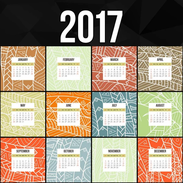 Zentangle colorful calendar 2017 hand painted in the style of floral patterns and doodle. — Stock Vector