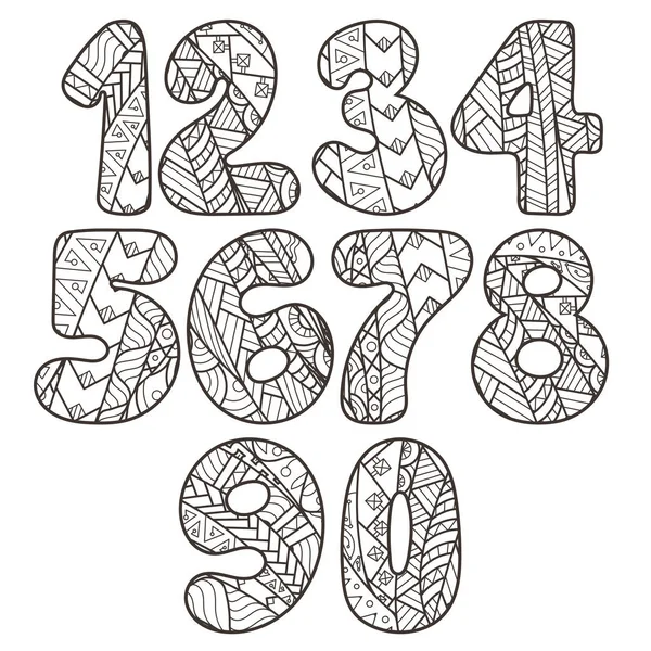 Zentangle numbers set. Collection of doodle numbers with zentangle elements. — Stock Vector