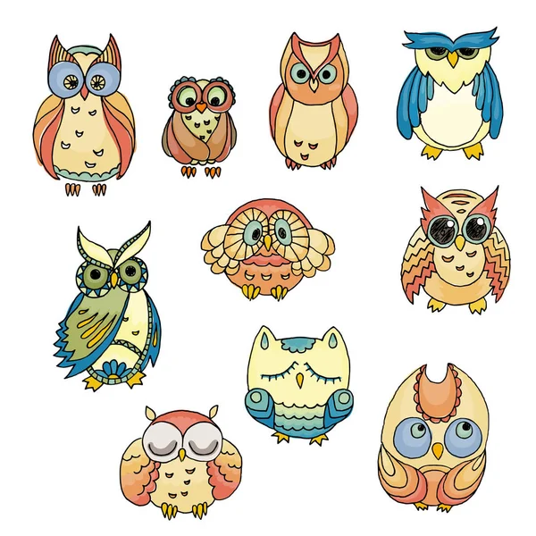 Doodle owls set. Vector bird collection. — Stock Vector